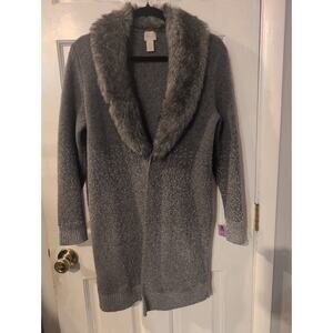 Chico’s Size 0 Gray Metallic Knit Cardigan w Faux Fur Collar